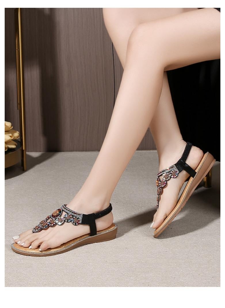 NIBEMINENT Women Rhinestone Decor Slingback Sandals Glamorous Bohemian Ethnic Style Elastic Ankle Strap Flat Soft Soled Casual Beach Shoes  - Image 3
