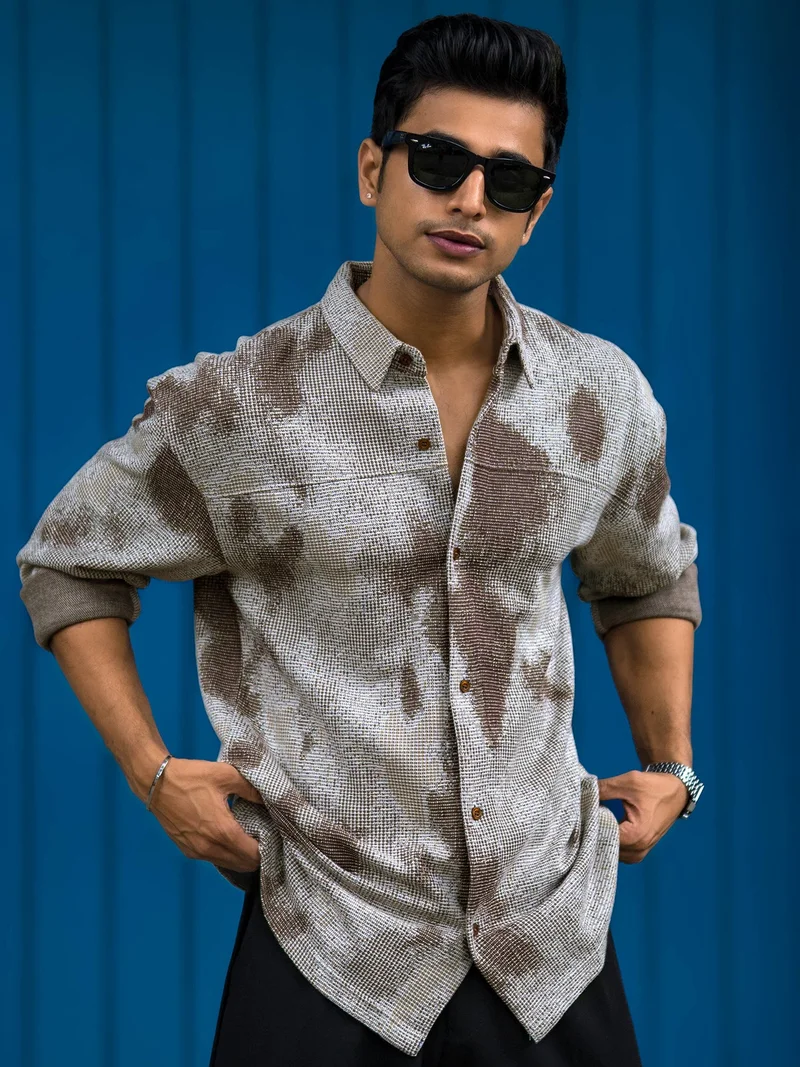 مانياك Maniac Mens Sterling Knit Full Sleeve Brown Cotton Blend Shirt