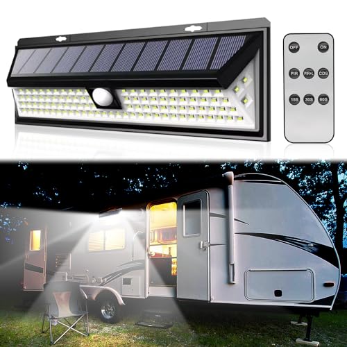 CCBASEBALL Solar RV Porch Light, 118 LED Motorhome Motion Sensor RV Exterior Lights with Remote Control, Waterproof Camper Outdoor Lights for Motorhome Travel,Travel Trailers, Camper, Food Trucks - Image 1