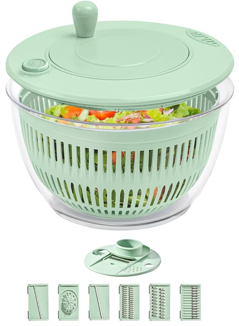 5L Salad Vegetable Dryer Bowl Multifunctional Salad Processer Bowl with 6 in 1 Food Processer Blades Lettuce Dryer Transparent BPA Free Plastic Bowl with Non-Slip Base & Checkered Strainer Basket  - Image 1