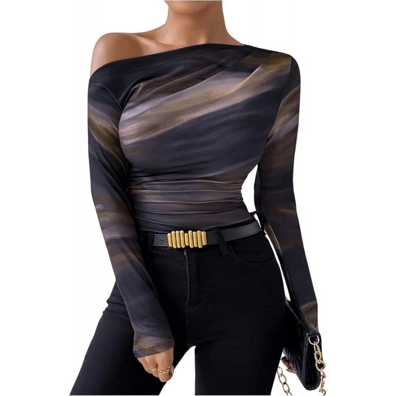 2024 Fashion Tie-Dye Printed Asymmetric Ruffled Long-Sleeved T-Shirt - Image 1