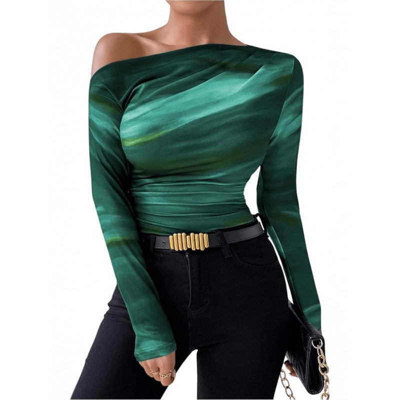 2024 Fashion Tie-Dye Printed Asymmetric Ruffled Long-Sleeved T-Shirt - Image 4