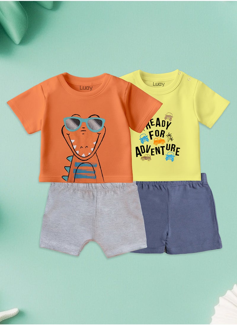 LUAY 100% Organic Cotton Baby Boy & Girls Clothing Set Short Sleeve Kids Clothes Boys & Girls Toddler Short Set Cute Animal Print Combo Pack Of 2 Top and Shorts Outfit For New born  - Image 1