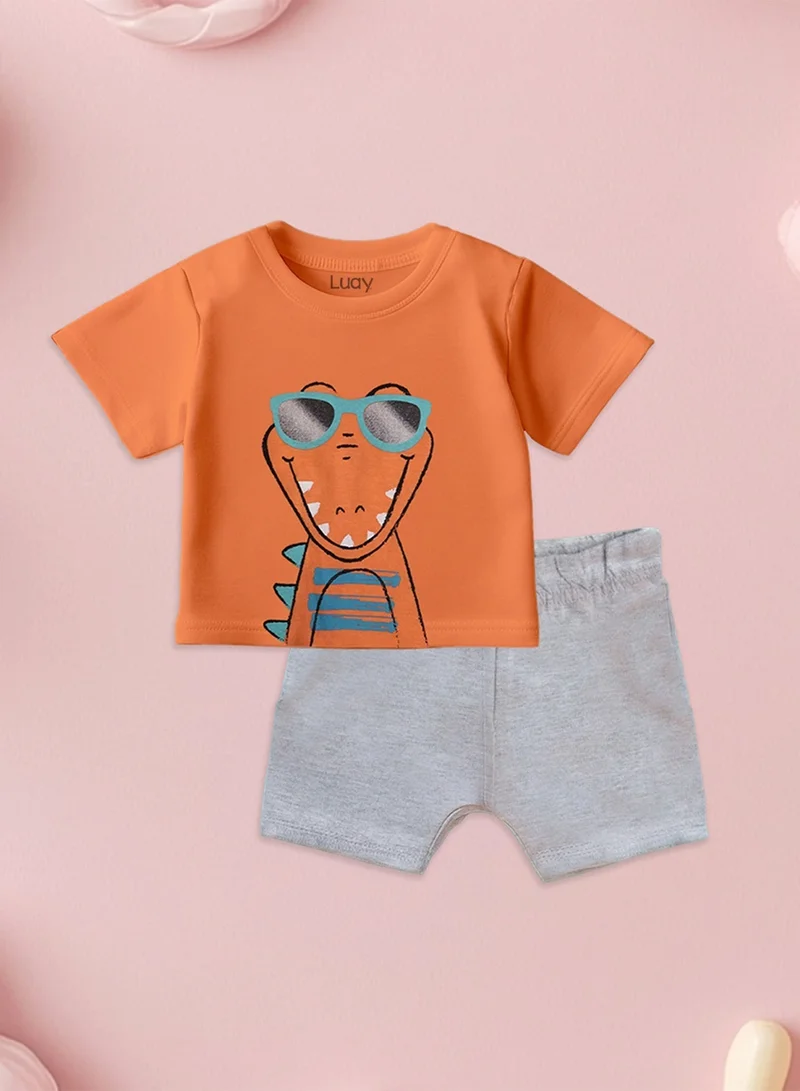 Luay Orange,Yellow 100% Organic Cotton Baby Boy & Girls Clothing Set Short Sleeve Kids Clothes Boys & Girls Toddler Short Set Cute Animal Print Combo Pack Of 2 Top and Shorts Outfit For New born  | Best Price UAE