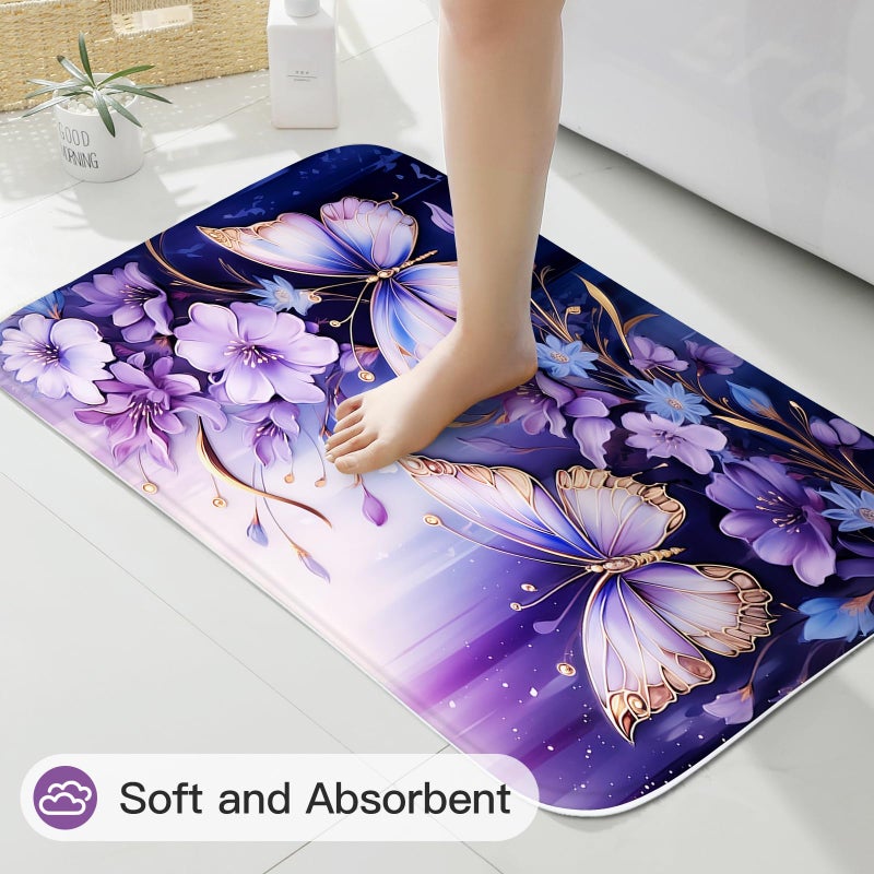 Litabel 4 Pcs Purple Floral Butterfly Shower Curtain Set with Non-Slip Rugs, Modern Toilet Lid Cover and Bath Mat, Elegant Bathroom Decor Set with Shower Curtain and Rugs(Hooks Not Included) - Image 5