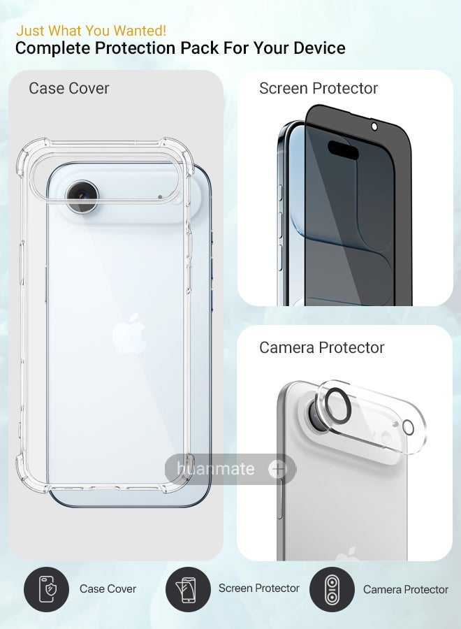 huanmate 3 in 1 Apple iPhone Air Protection Pack - Ultra Clear Shockproof Case, Anti-Peeping Privacy Glass Screen Protector & Camera Lens Protector, 360’ Protection, Easy Installation - Image 2