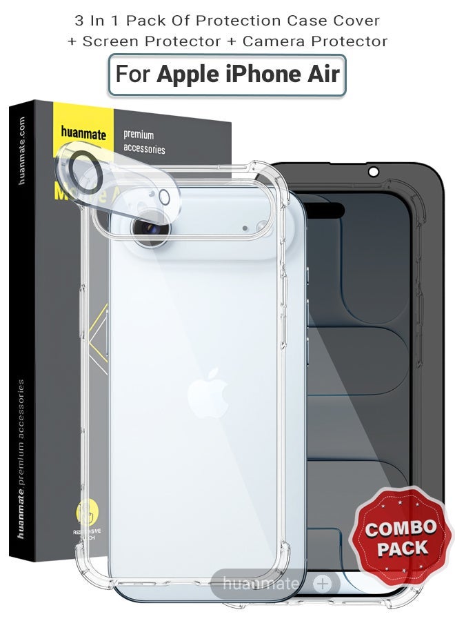 huanmate 3 in 1 Apple iPhone Air Protection Pack - Ultra Clear Shockproof Case, Anti-Peeping Privacy Glass Screen Protector & Camera Lens Protector, 360’ Protection, Easy Installation - Image 1