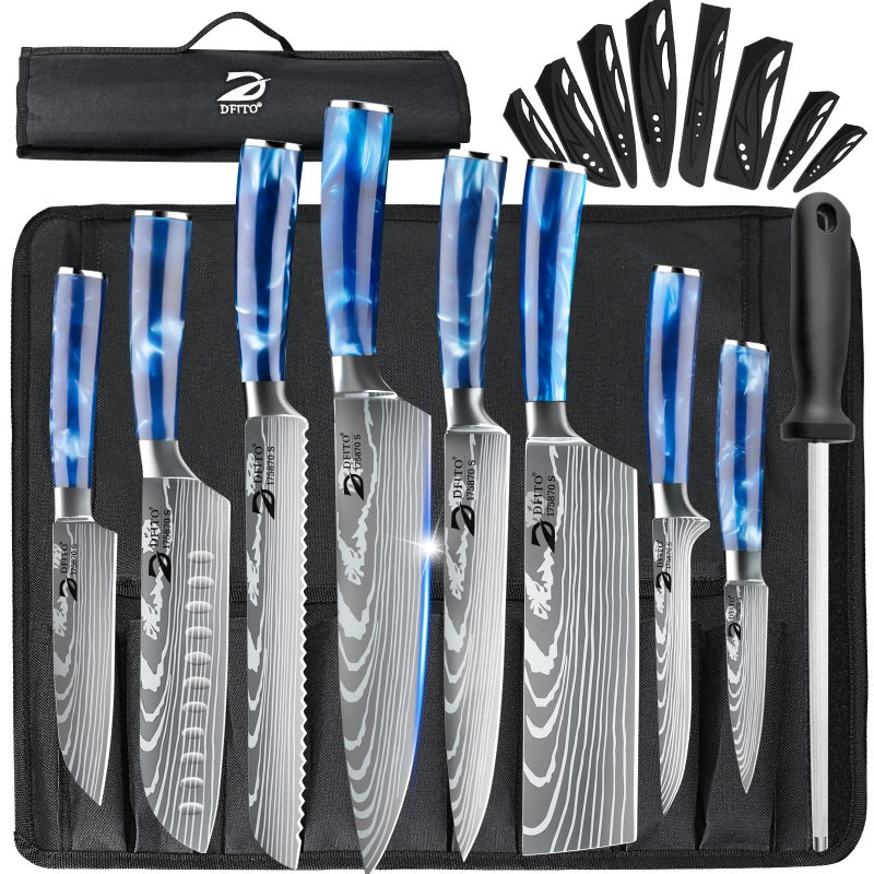 Dfito Chef Knife Sets with Roll Bag, 9 Pieces Professional Knife Set, High Carbon Stainless Steel Kitchen Chef Knife Set, Blue Resin Handle, Dishwasher Safe - Image 1