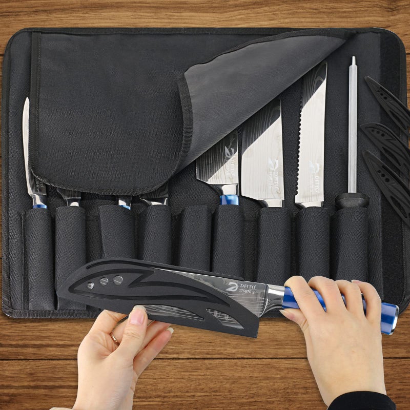 Dfito Chef Knife Sets with Roll Bag, 9 Pieces Professional Knife Set, High Carbon Stainless Steel Kitchen Chef Knife Set, Blue Resin Handle, Dishwasher Safe - Image 2