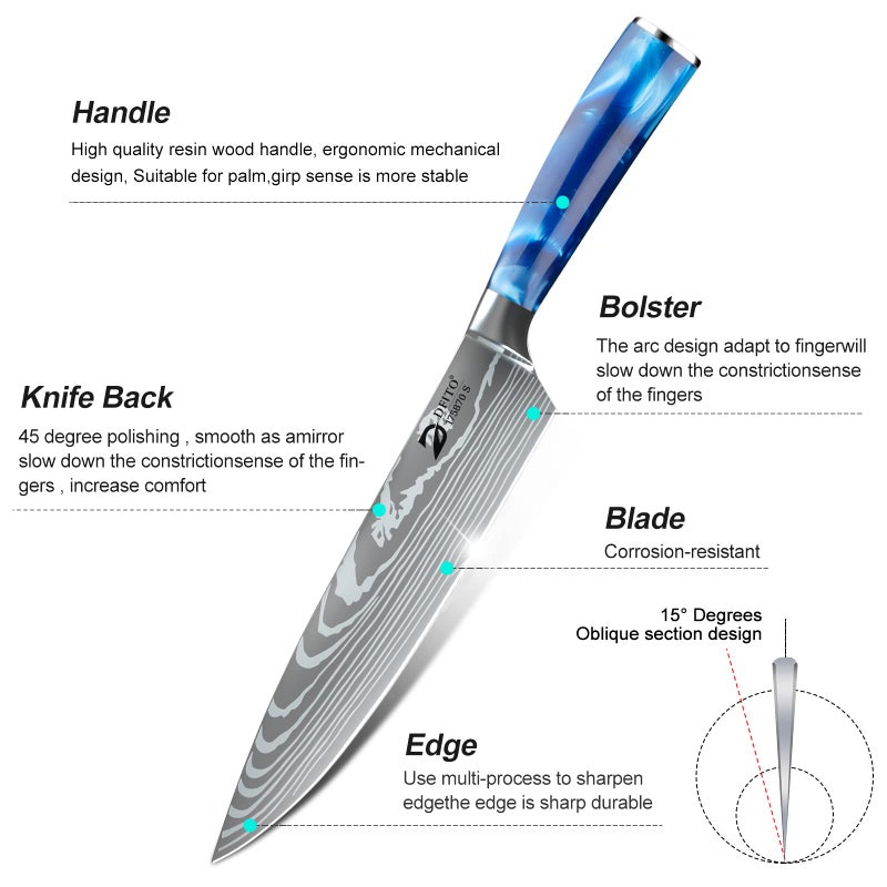Dfito Chef Knife Sets with Roll Bag, 9 Pieces Professional Knife Set, High Carbon Stainless Steel Kitchen Chef Knife Set, Blue Resin Handle, Dishwasher Safe - Image 3