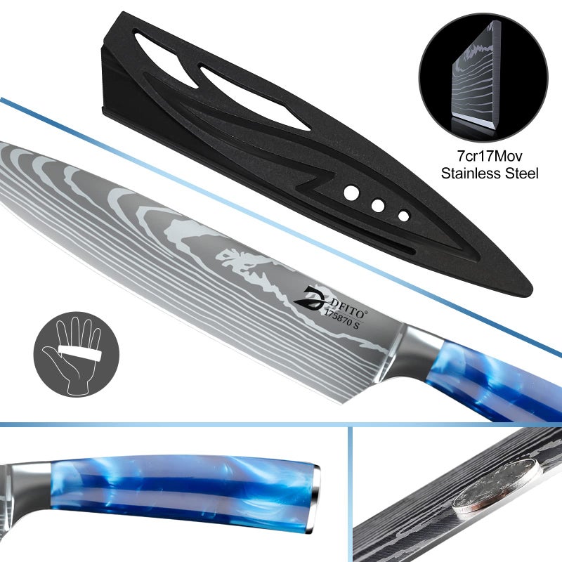 Dfito Chef Knife Sets with Roll Bag, 9 Pieces Professional Knife Set, High Carbon Stainless Steel Kitchen Chef Knife Set, Blue Resin Handle, Dishwasher Safe - Image 4