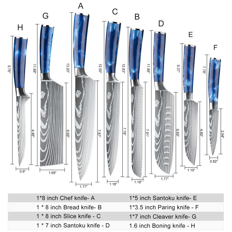 Dfito Chef Knife Sets with Roll Bag, 9 Pieces Professional Knife Set, High Carbon Stainless Steel Kitchen Chef Knife Set, Blue Resin Handle, Dishwasher Safe - Image 5