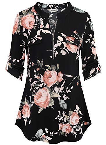 BEPEI Floral Tunics for Women,3/4 Sleeve V Neckline Tops High Neck Dinner Blouses Flower Printed Going Out Walking Shirt Size 6,Red M - Image 1