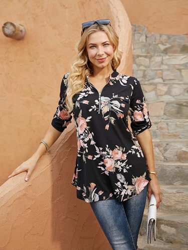 BEPEI Floral Tunics for Women,3/4 Sleeve V Neckline Tops High Neck Dinner Blouses Flower Printed Going Out Walking Shirt Size 6,Red M - Image 5