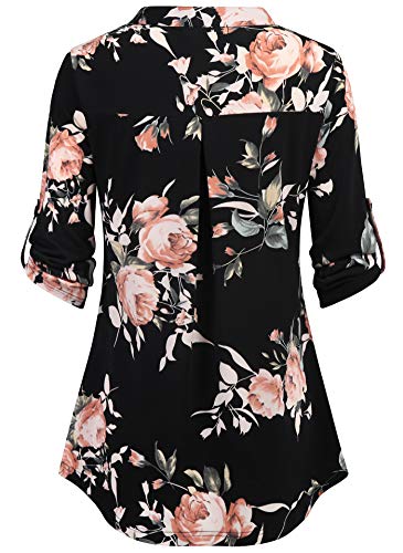 BEPEI Floral Tunics for Women,3/4 Sleeve V Neckline Tops High Neck Dinner Blouses Flower Printed Going Out Walking Shirt Size 6,Red M - Image 3
