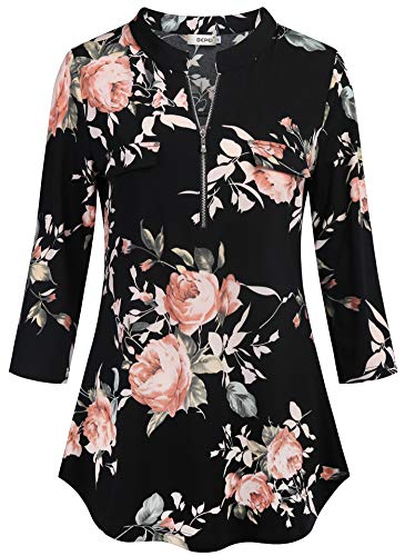 BEPEI Floral Tunics for Women,3/4 Sleeve V Neckline Tops High Neck Dinner Blouses Flower Printed Going Out Walking Shirt Size 6,Red M - Image 2