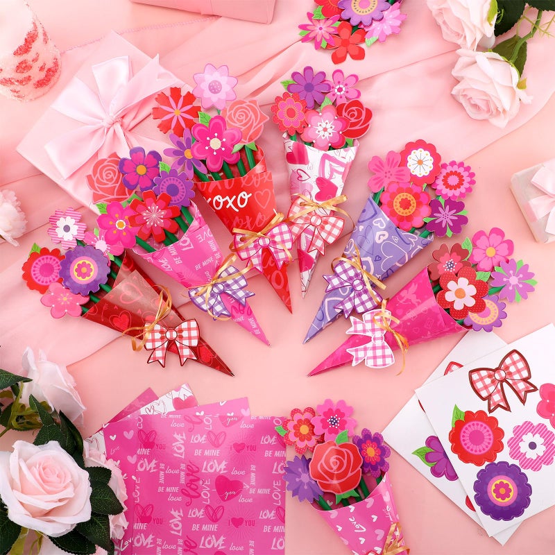 Motipuns 48 Set Valentine's Day Flower Bouquet Craft Kit DIY Flower Paper Crafts Colorful Make Your Own Valentine Gifts for Spring Mother's Day Handmade Project Home Activities - Image 2