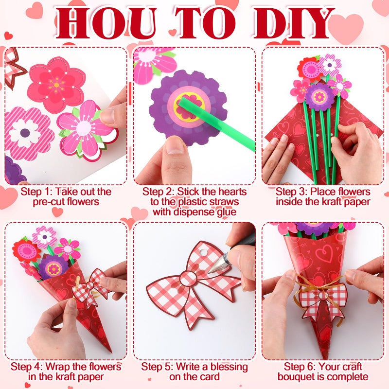 Motipuns 48 Set Valentine's Day Flower Bouquet Craft Kit DIY Flower Paper Crafts Colorful Make Your Own Valentine Gifts for Spring Mother's Day Handmade Project Home Activities - Image 4