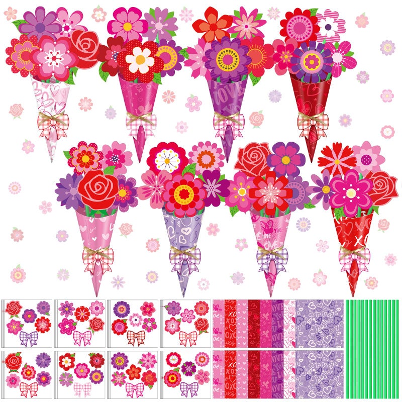 Motipuns 48 Set Valentine's Day Flower Bouquet Craft Kit DIY Flower Paper Crafts Colorful Make Your Own Valentine Gifts for Spring Mother's Day Handmade Project Home Activities - Image 1