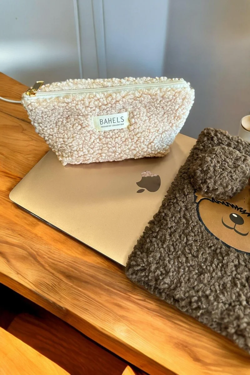 Bahels Teddy Beige Zippered Single Compartment Wallet Makeup Bag Pencil Case Pencil Case