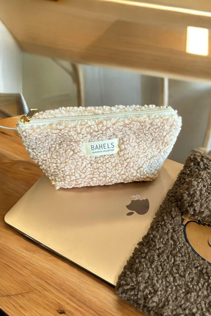 Bahels Teddy Beige Zippered Single Compartment Wallet Makeup Bag Pencil Case Pencil Case