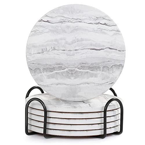 Acejoz Drink Coasters with Holder for Coffee Table, Absorbent Coaster Set of 6, Marble Style Ceramic Coaster for Wooden Table, Suitable for Kinds of Cups, Home Decor, 4 Inches - Image 1