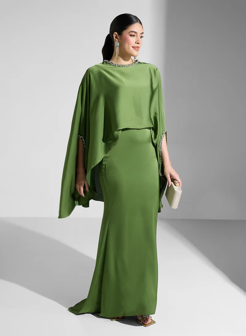 Akadia Fashion cape sleeve crystal neck dress