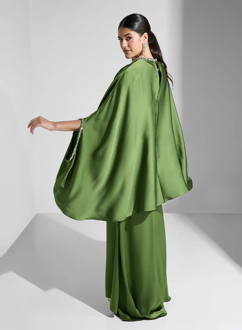 Akadia Fashion cape sleeve crystal neck dress