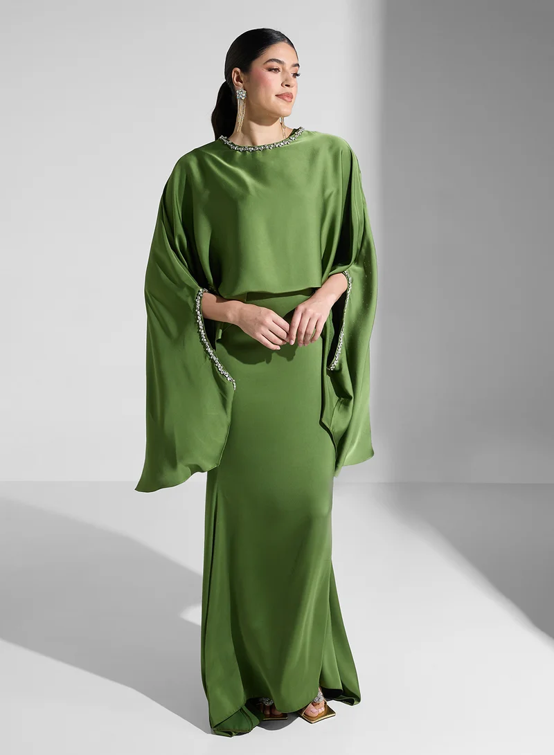 Akadia Fashion cape sleeve crystal neck dress