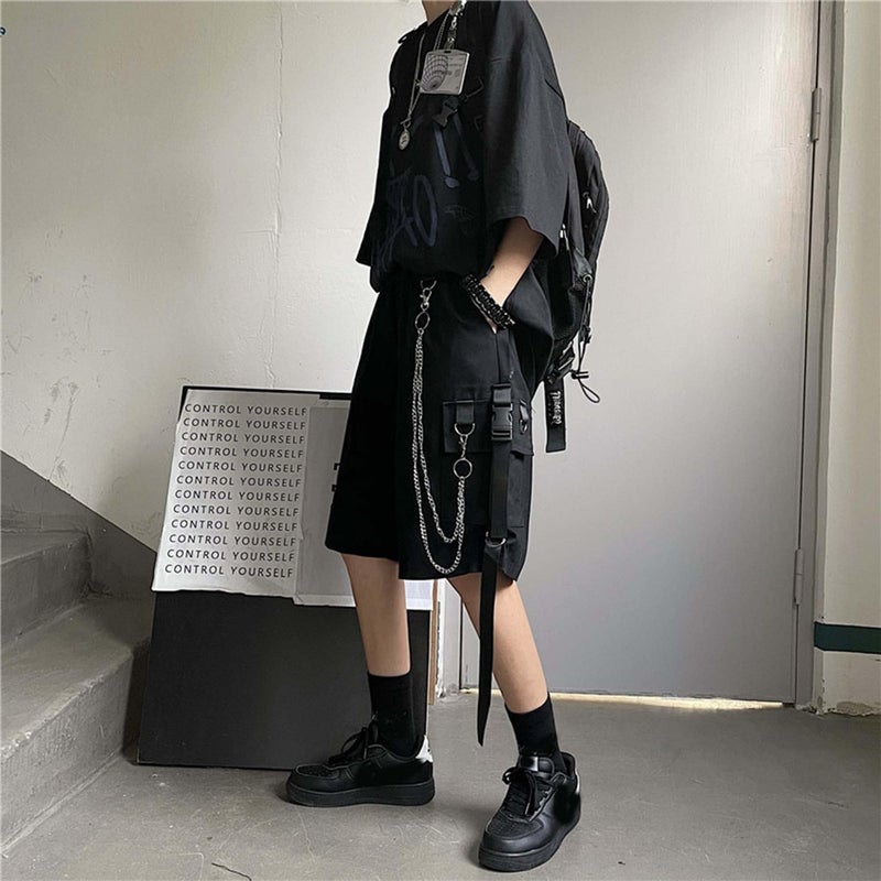 MEINVQIAOTI Black Cargo Pants for Women Street Harajuku Loose Straight Shorts Black Pants with Chains(Black,M) - Image 3