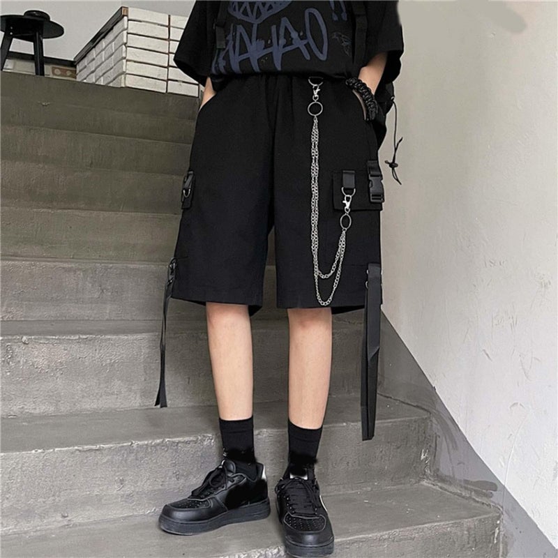 MEINVQIAOTI Black Cargo Pants for Women Street Harajuku Loose Straight Shorts Black Pants with Chains(Black,M) - Image 2