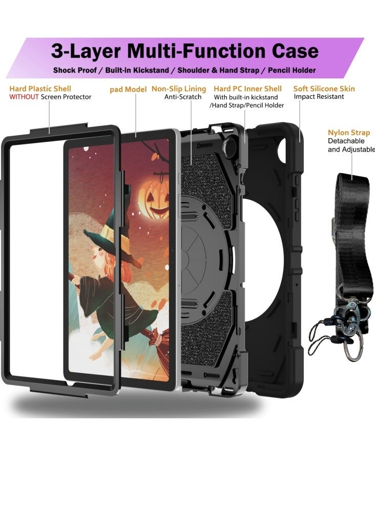 Heavy Duty Shockproof TPU Case Compatible with Samsung Galaxy Tab A9 8.7 inch 2023 Model Drop Resistant Shockproof Protective Cover with Rotating Kickstand + Handle + Shoulder Strap (Black) - Image 3