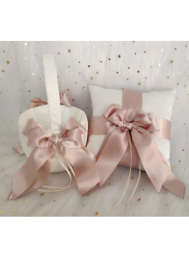 Uwedding White Flower Girl Basket and Ring Bearer Pillow with Double Ribbon Bow Décor for Ceremony Vow Renewal Baby Shower Party Favor (Basket) - Image 3