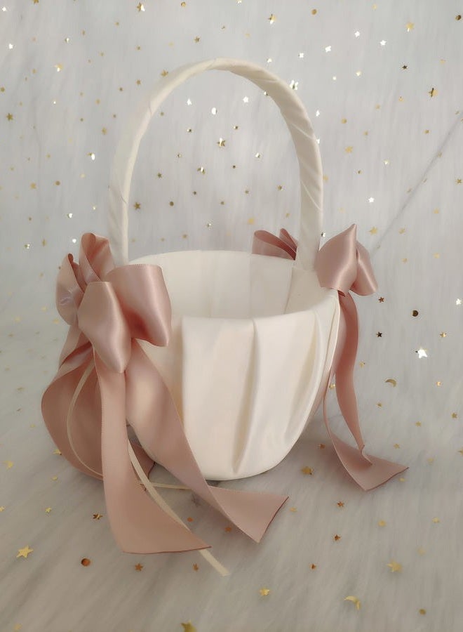 Uwedding White Flower Girl Basket and Ring Bearer Pillow with Double Ribbon Bow Décor for Ceremony Vow Renewal Baby Shower Party Favor (Basket) - Image 2