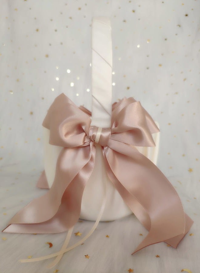 Uwedding White Flower Girl Basket and Ring Bearer Pillow with Double Ribbon Bow Décor for Ceremony Vow Renewal Baby Shower Party Favor (Basket) - Image 1