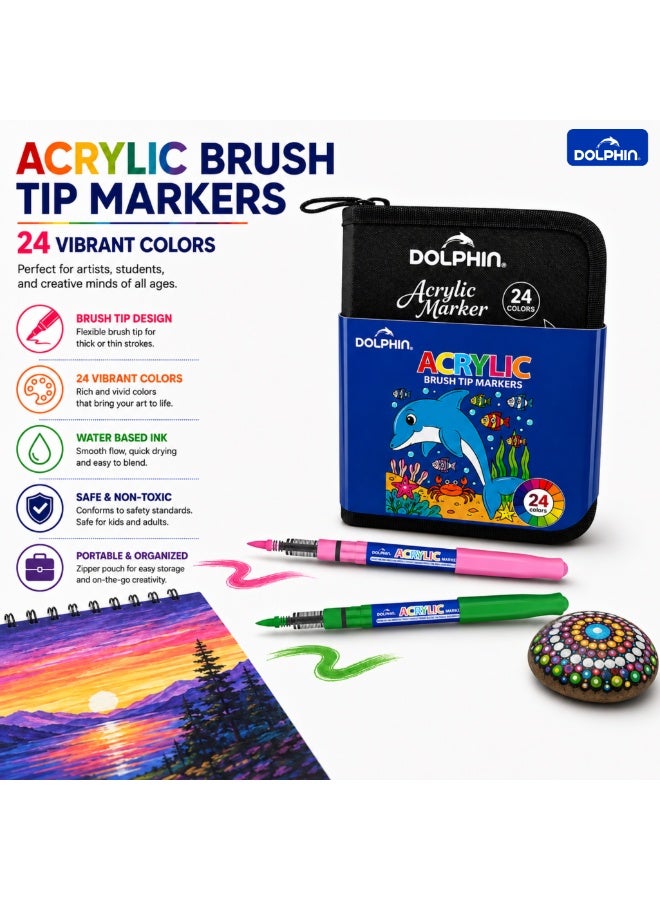 دولفين Dolphin Acrylic Brush Tip Paint Markers, 24 Colours, Water-Based Quick-Drying Art Pens with Zippered Storage Case for Rock, Canvas, Wood, Glass, Ceramic and Fabric - Image 3