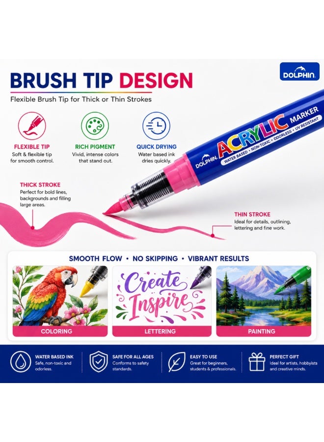 دولفين Dolphin Acrylic Brush Tip Paint Markers, 24 Colours, Water-Based Quick-Drying Art Pens with Zippered Storage Case for Rock, Canvas, Wood, Glass, Ceramic and Fabric - Image 4