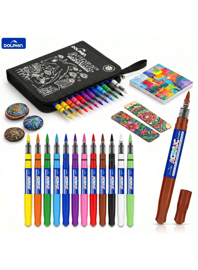 دولفين Dolphin Acrylic Brush Tip Paint Markers, 24 Colours, Water-Based Quick-Drying Art Pens with Zippered Storage Case for Rock, Canvas, Wood, Glass, Ceramic and Fabric - Image 2
