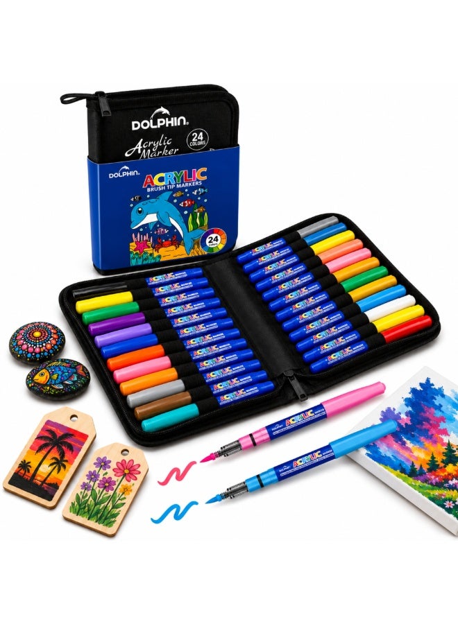 دولفين Dolphin Acrylic Brush Tip Paint Markers, 24 Colours, Water-Based Quick-Drying Art Pens with Zippered Storage Case for Rock, Canvas, Wood, Glass, Ceramic and Fabric - Image 1
