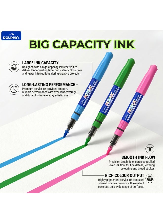 دولفين Dolphin Acrylic Brush Tip Paint Markers, 24 Colours, Water-Based Quick-Drying Art Pens with Zippered Storage Case for Rock, Canvas, Wood, Glass, Ceramic and Fabric - Image 5