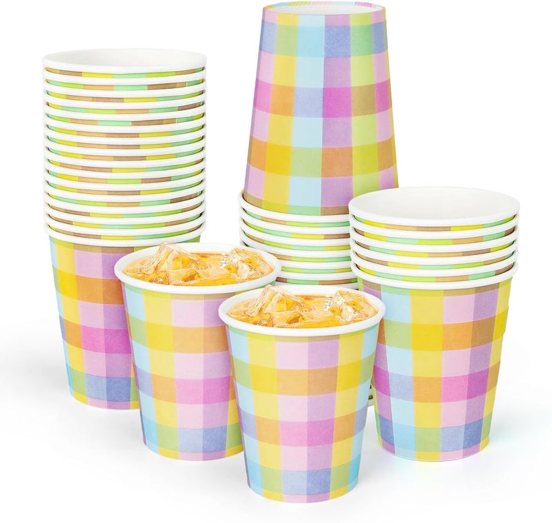Whaline 50Pcs Easter Paper Cups Buffalo Plaids Disposable Cups Colorful Checkered Party Decorative Cups for Birthday Cold Hot Drinkware Tableware Decor Supplies  9 Oz - Image 1