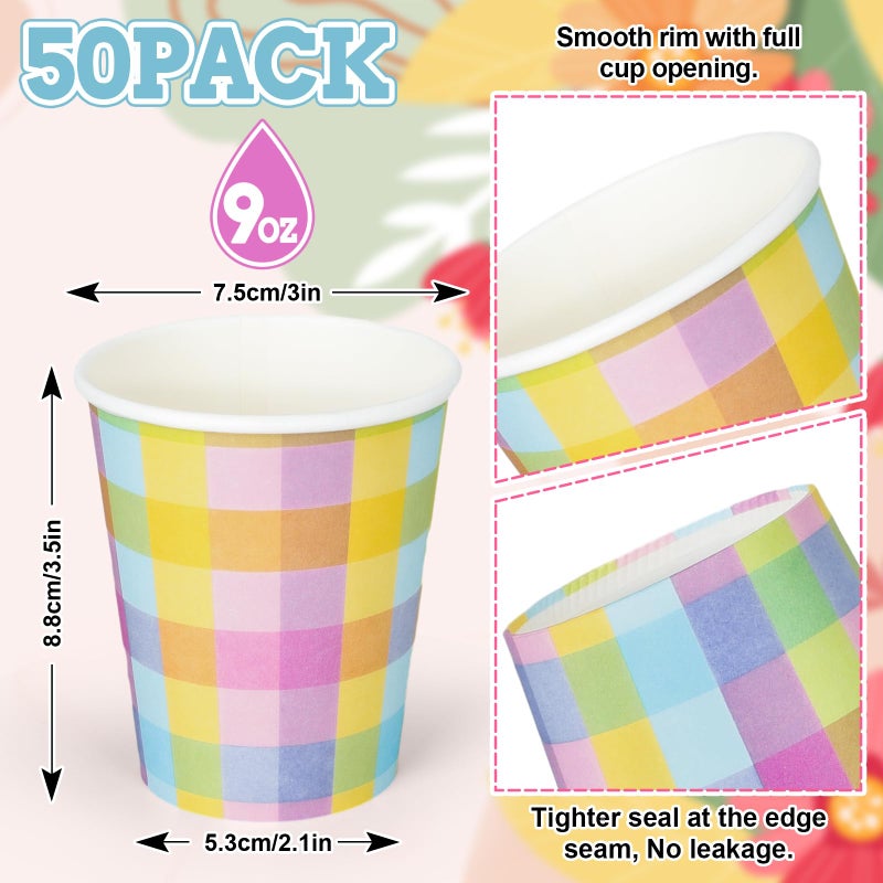 Whaline 50Pcs Easter Paper Cups Buffalo Plaids Disposable Cups Colorful Checkered Party Decorative Cups for Birthday Cold Hot Drinkware Tableware Decor Supplies  9 Oz - Image 2