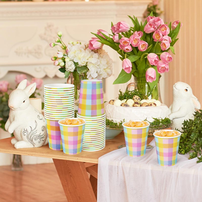 Whaline 50Pcs Easter Paper Cups Buffalo Plaids Disposable Cups Colorful Checkered Party Decorative Cups for Birthday Cold Hot Drinkware Tableware Decor Supplies  9 Oz - Image 5