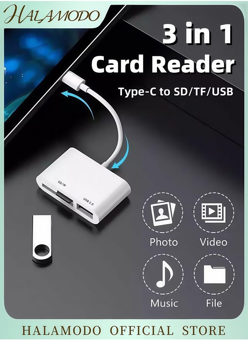 HALAMODO - 3-in-1 USB C SD Card Reader Adapter with USB 2.0 OTG Micro SD/TF Card Reader for iPhone 15 iPad Pro MacBook Laptop Samsung Android & More High-Speed Data Transfer Plug and Play - Image 1