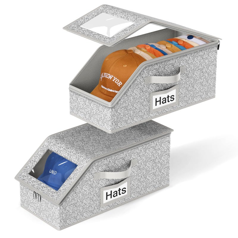 AOODA 2 PCS Stackable Hat Storage for Baseball Caps Holds up to 24 Caps Hat Organizer for Closet Sturdy Snapback Boxes for Men with Cardboard Grey