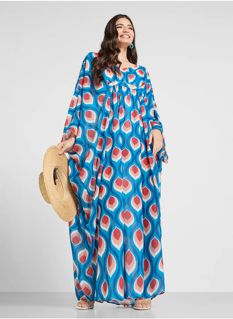 جينجر Abstract Print Kaftan Style Beach Dress