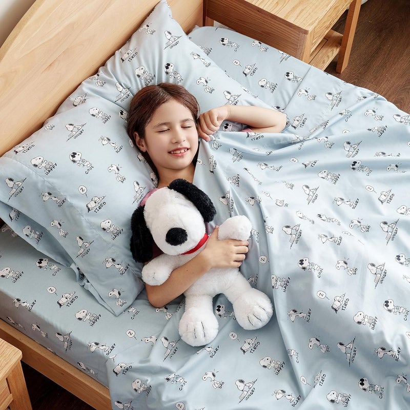 Berkshire Blanket Berkshire Blanket Peanuts Kids Sheet Set Queen Size - 4 Pieces Cute Character Snoopy Printed Soft Microfiber Bed Sheets Peanuts Different Emotion Murky Blue  - Image 2