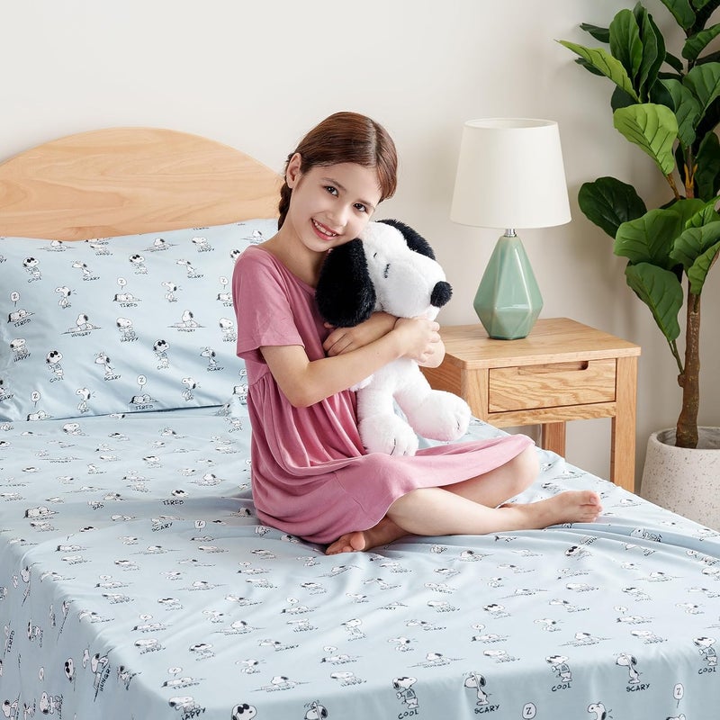 Berkshire Blanket Berkshire Blanket Peanuts Kids Sheet Set Queen Size - 4 Pieces Cute Character Snoopy Printed Soft Microfiber Bed Sheets Peanuts Different Emotion Murky Blue  - Image 4