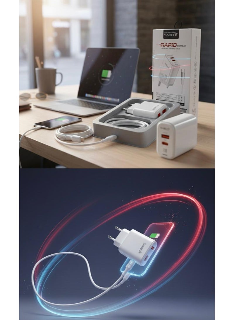 شاحن حائط سريع ثنائي المنافذ بقدرة 25 واط مع كابل USB-C إلى Type-C بطول متر واحد - Image 4