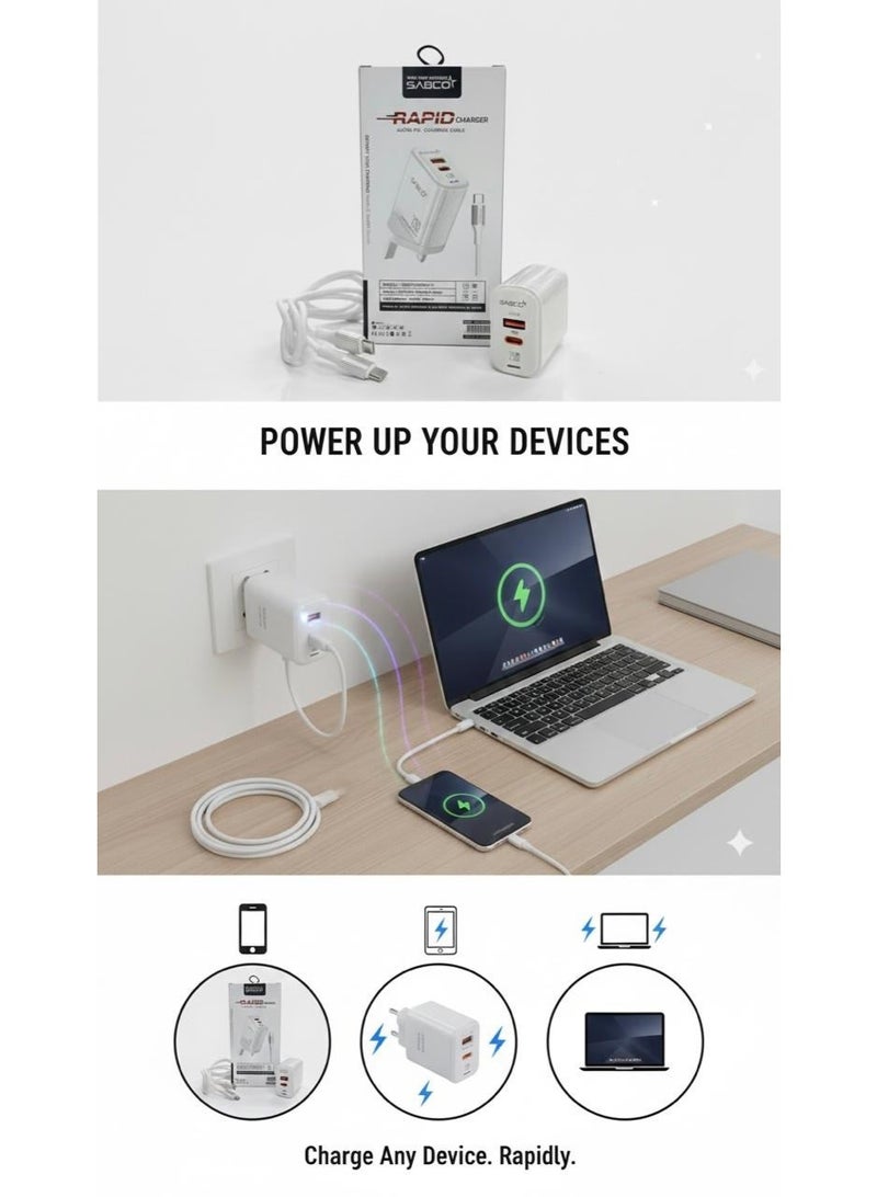 شاحن حائط سريع ثنائي المنافذ بقدرة 25 واط مع كابل USB-C إلى Type-C بطول متر واحد - Image 5